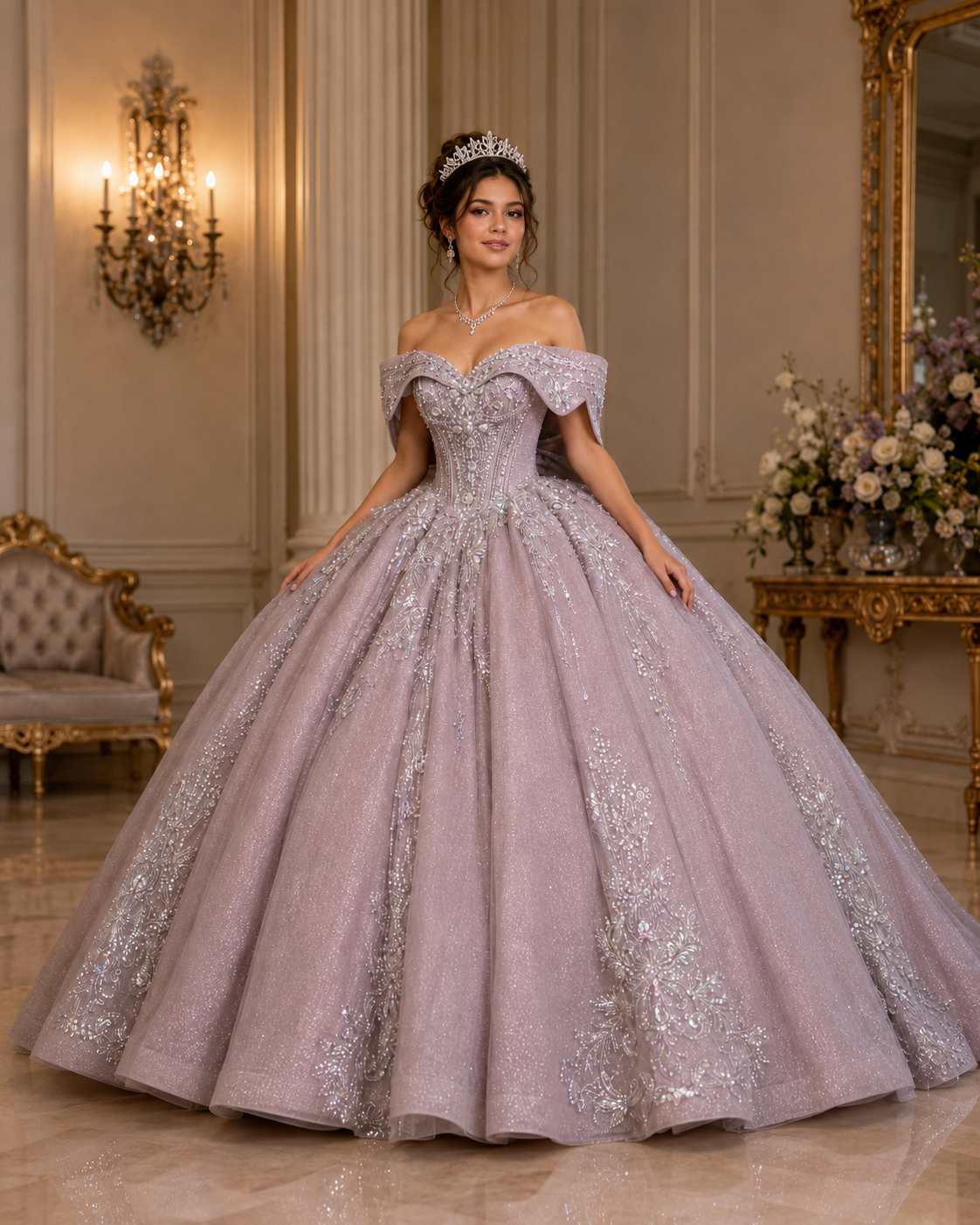 Dusty Mauve Luxury Quinceañera Ball Gown with Beaded Corset & Bow Back