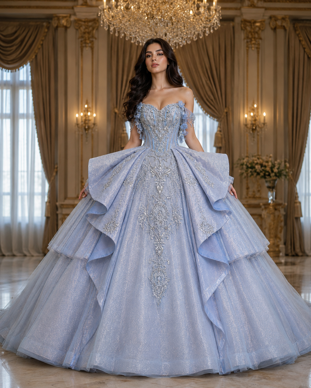 Ice Blue Luxury Quinceañera Ball Gown with Beaded Corset & Dramatic Layered Skirt