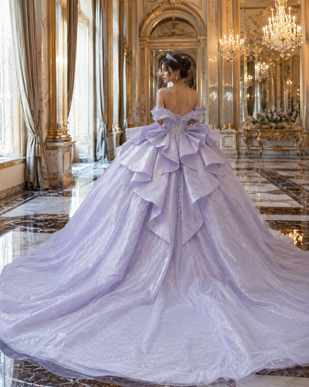 Lavender Purple Luxury Quinceañera Ball Gown with Beaded Corset & Bow Train