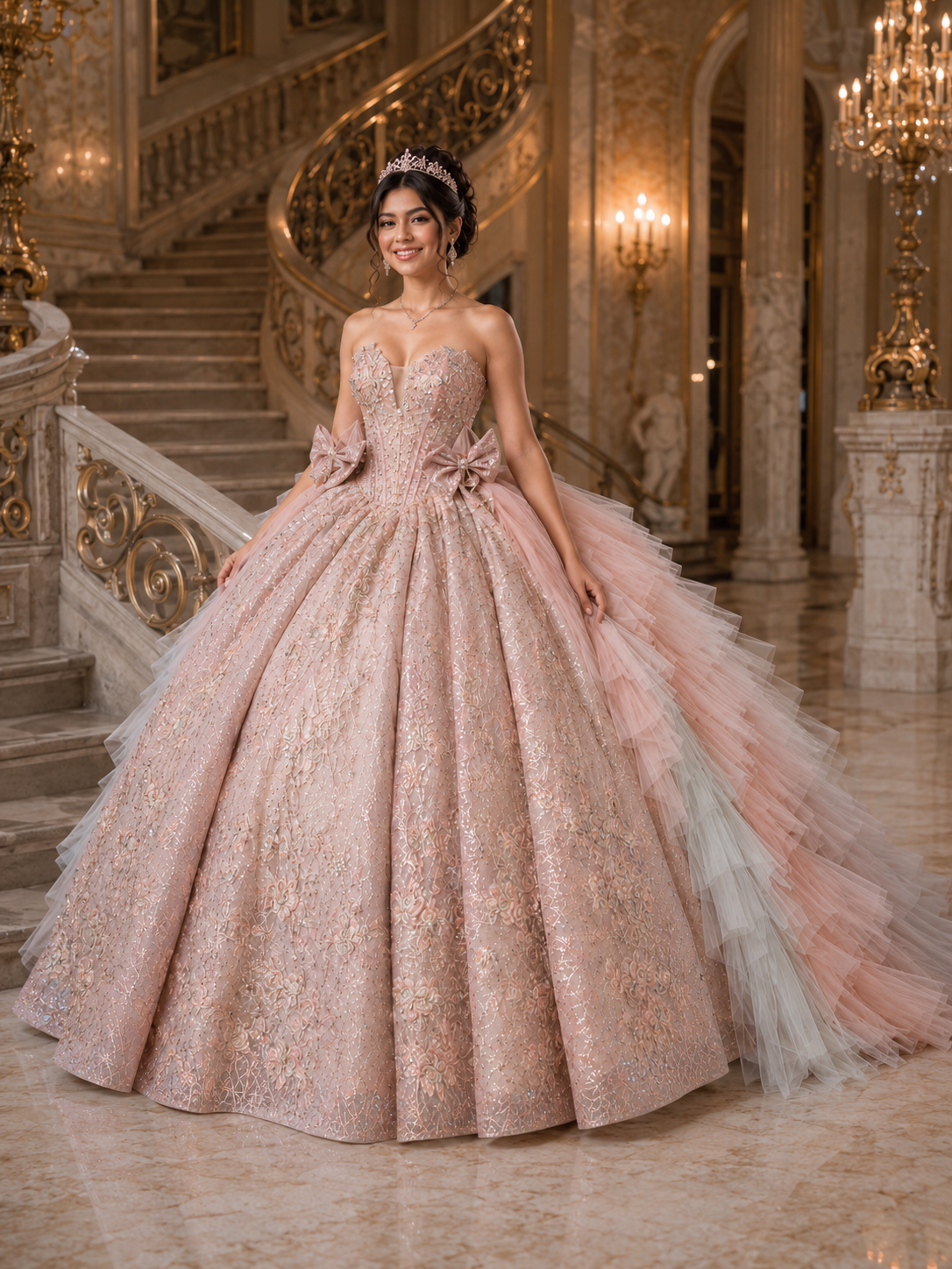 Blush Pink Luxury Quinceañera Ball Gown with Floral Beading & Ombre Ruffle Train