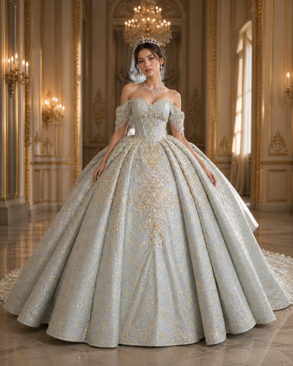 Dusty Blue Luxury Quinceañera Ball Gown with Gold Embroidery & Dramatic Bow Train