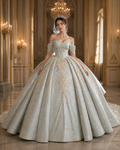 Dusty Blue Luxury Quinceañera Ball Gown with Gold Embroidery & Dramatic Bow Train