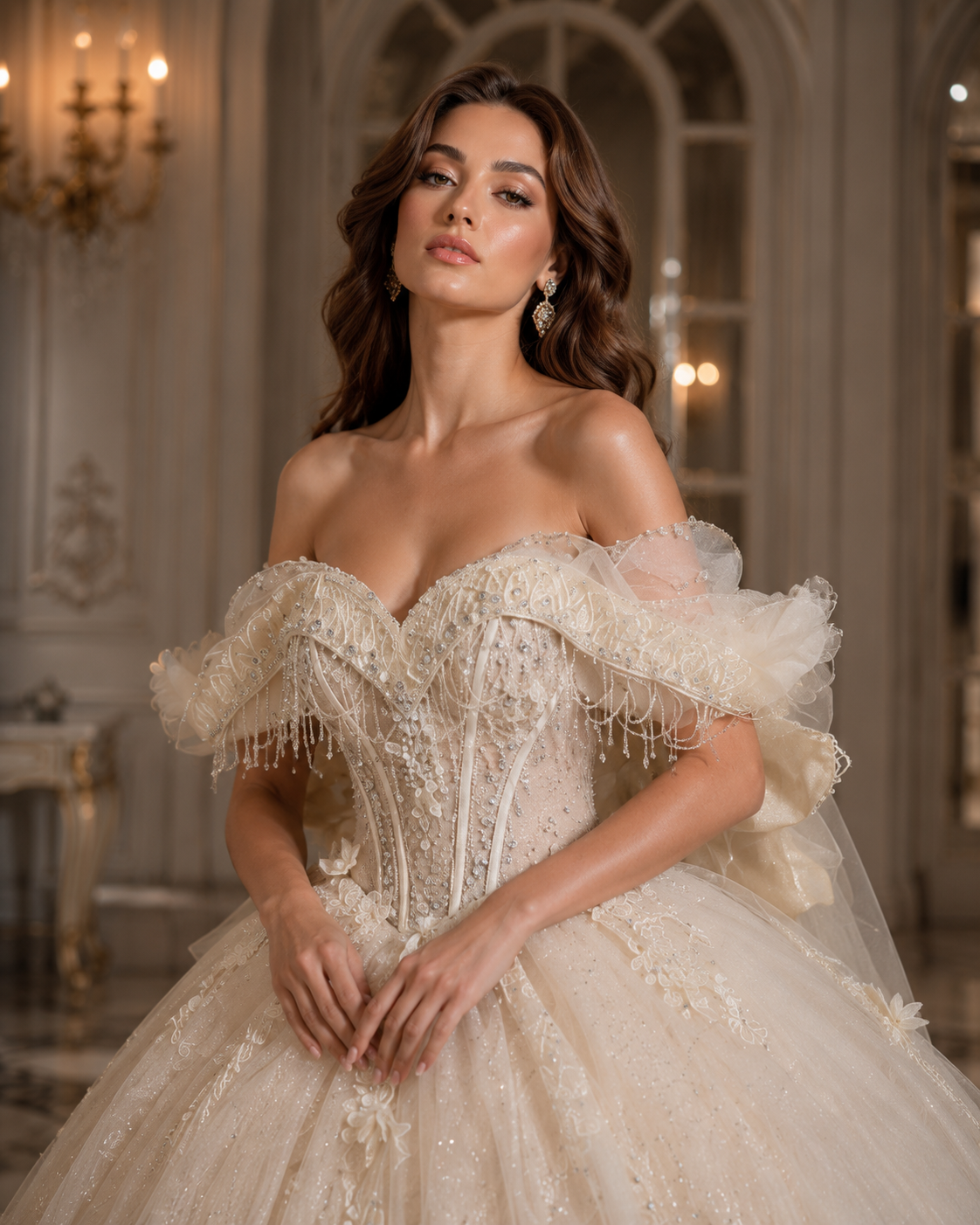 Ivory Champagne Quinceañera Ball Gown with Beaded Corset & Feather Hem