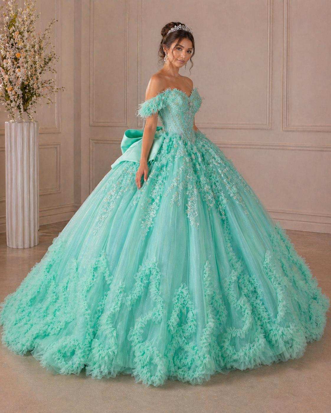 Mint Green Luxury Quinceañera Ball Gown with Beaded Corset & Ruffle Train