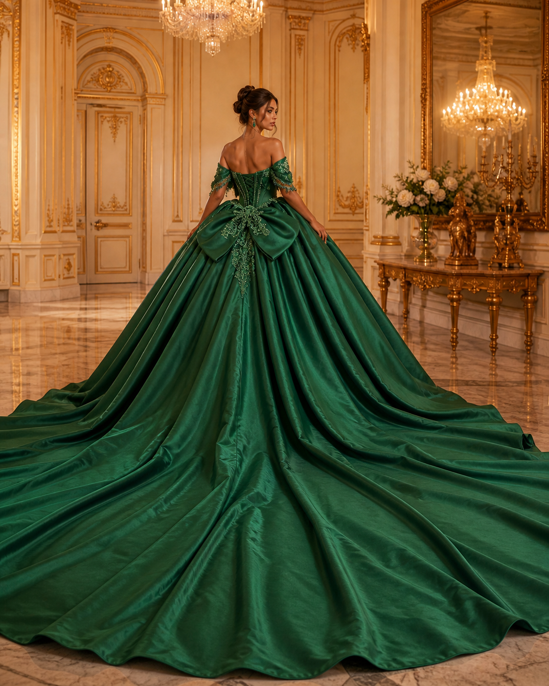 Emerald Green Luxury Quinceañera Ball Gown with Beaded Corset & Long Train