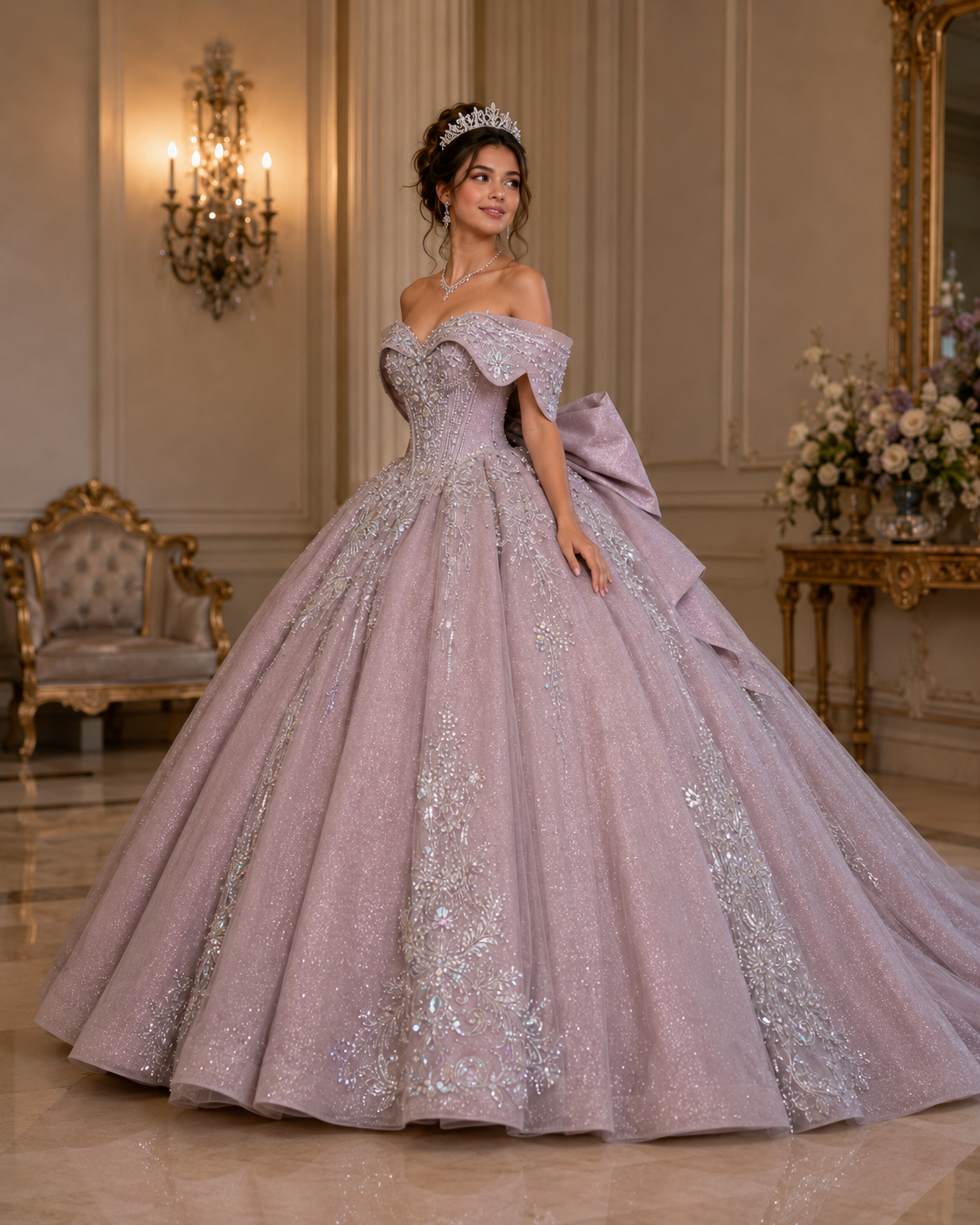 Dusty Mauve Luxury Quinceañera Ball Gown with Beaded Corset & Bow Back