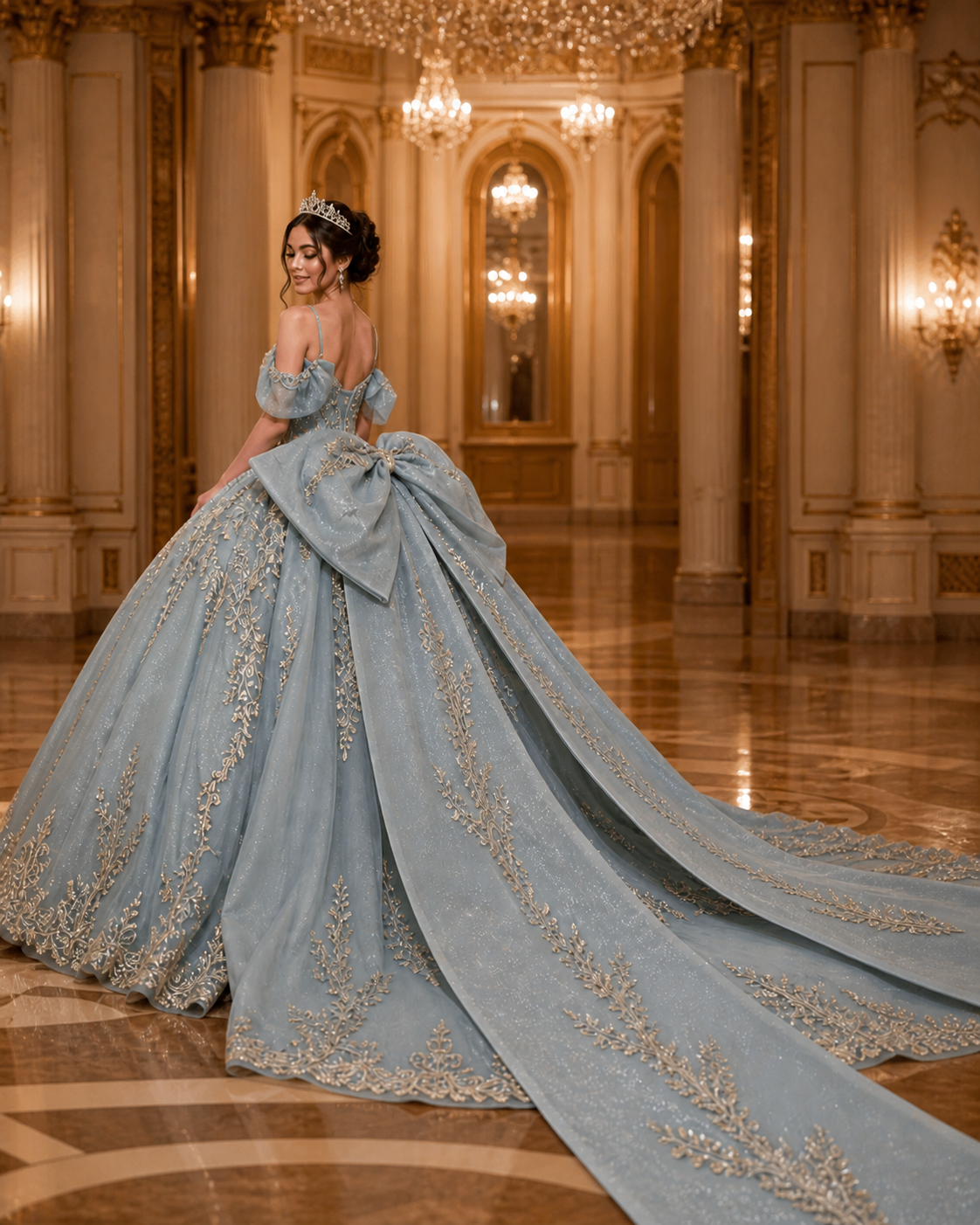 Dusty Blue Luxury Quinceañera Ball Gown with Gold Embroidery & Dramatic Bow Train