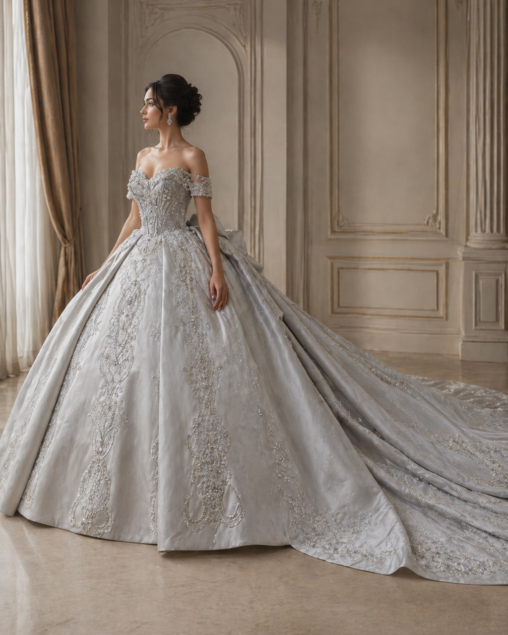 Silver Luxury Quinceañera Ball Gown with Beaded Corset & Long Train