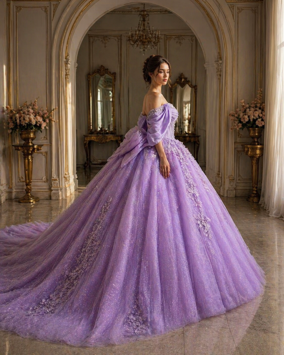 Lavender Luxury Quinceañera Ball Gown with Floral Appliqué & Long Train