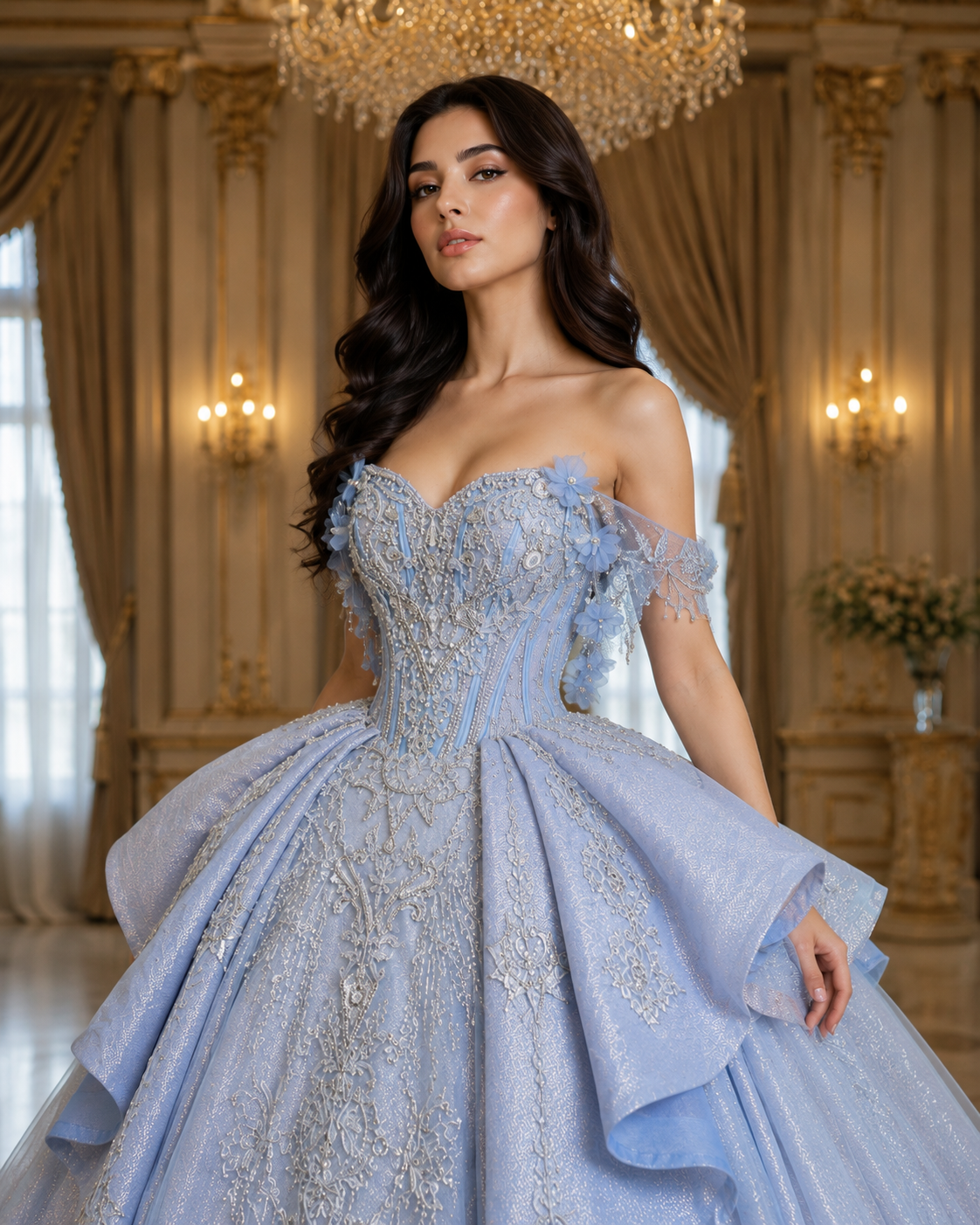 Ice Blue Luxury Quinceañera Ball Gown with Beaded Corset & Dramatic Layered Skirt