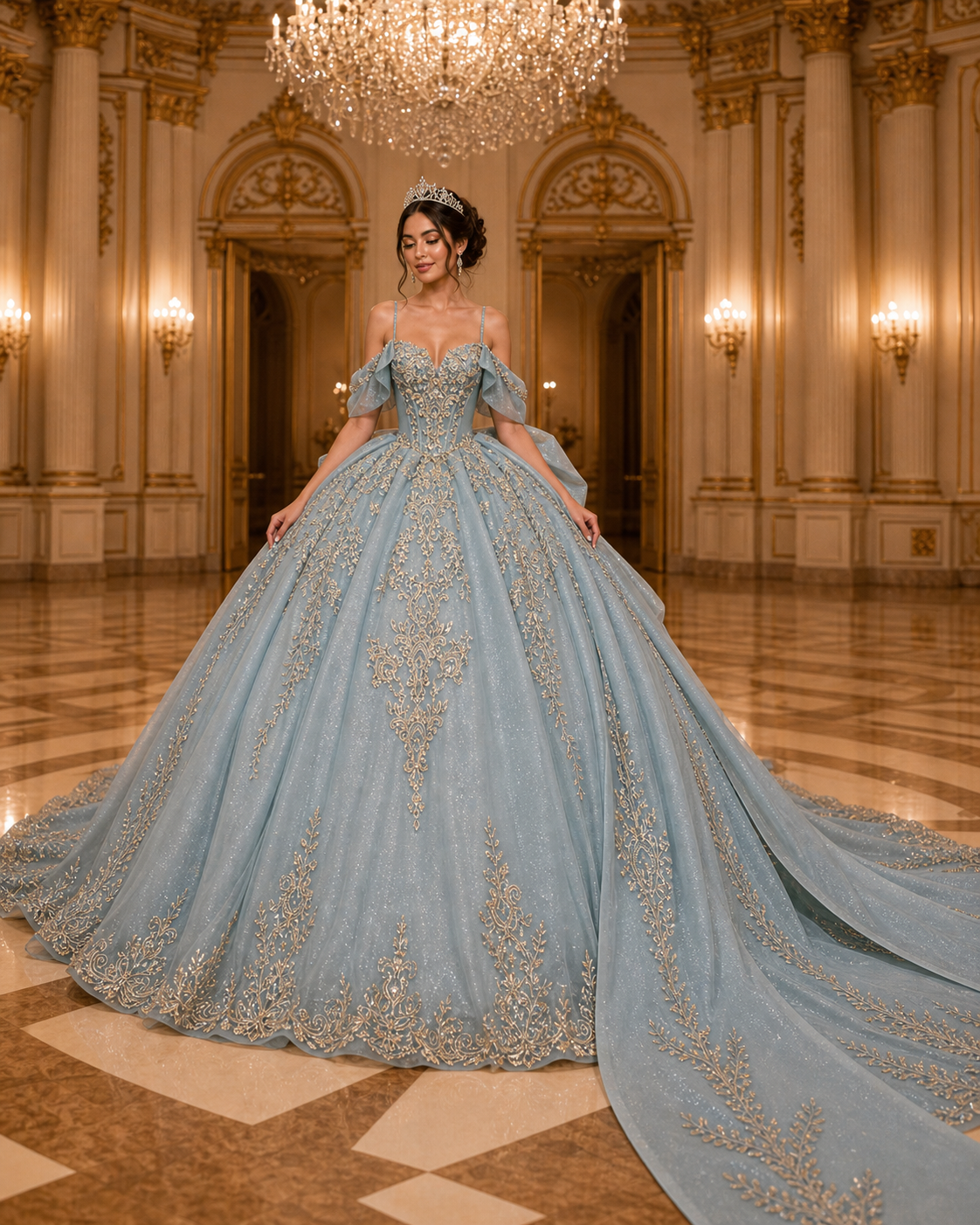 Dusty Blue Luxury Quinceañera Ball Gown with Gold Embroidery & Dramatic Bow Train