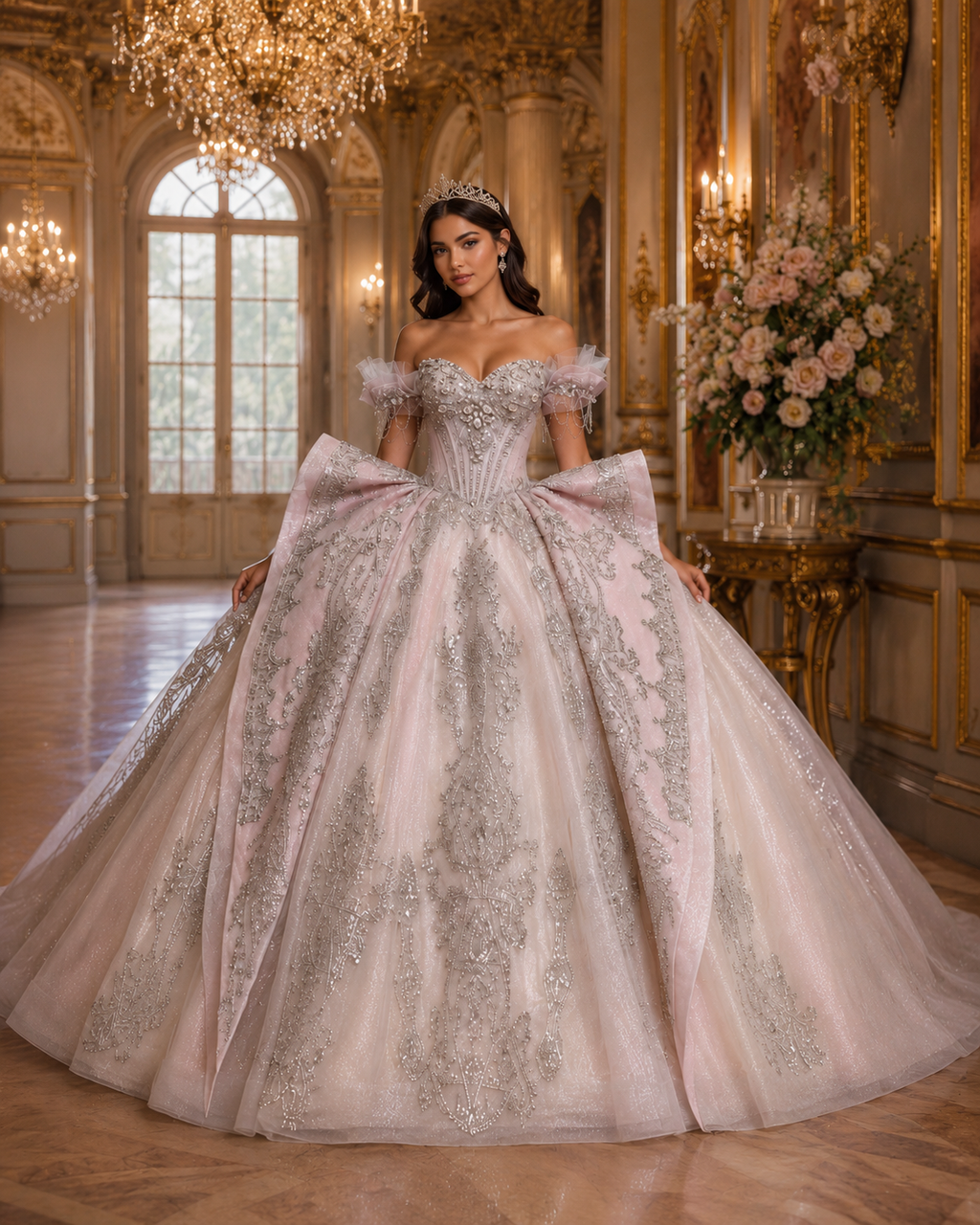 Blush Pink Luxury Quinceañera Ball Gown with Silver Embroidery & Bow Train