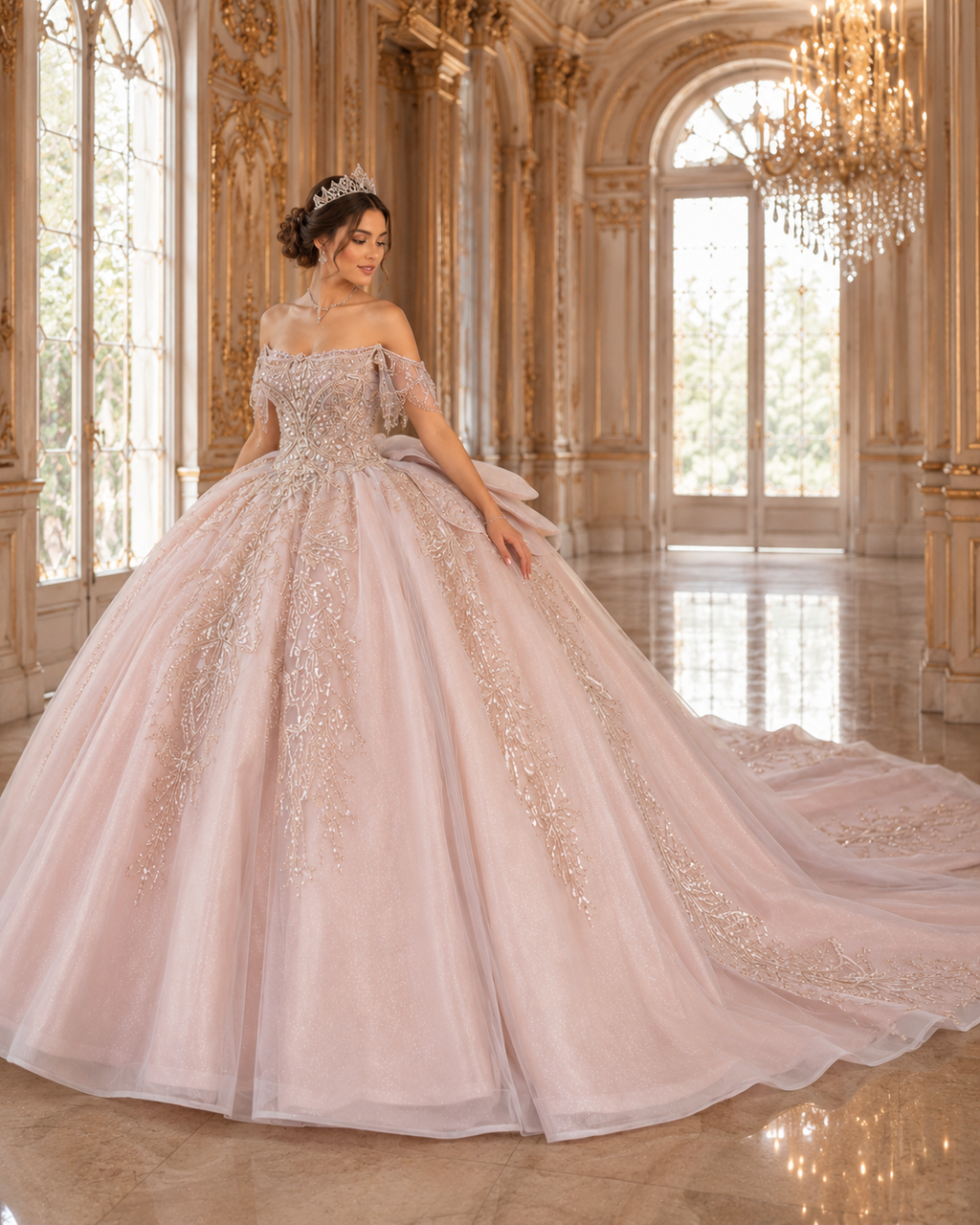 Blush Champagne Luxury Quinceañera Ball Gown with Beaded Corset & Long Train