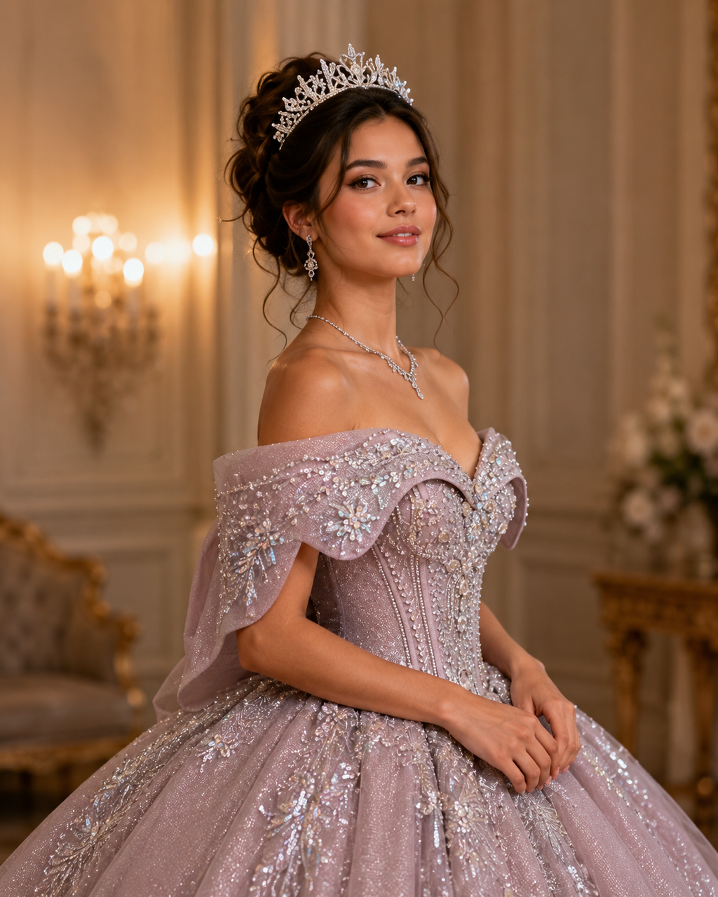 Dusty Mauve Luxury Quinceañera Ball Gown with Beaded Corset & Bow Back
