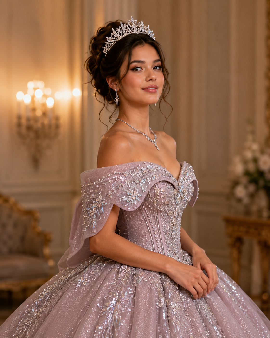 Dusty Mauve Luxury Quinceañera Ball Gown with Beaded Corset & Bow Back