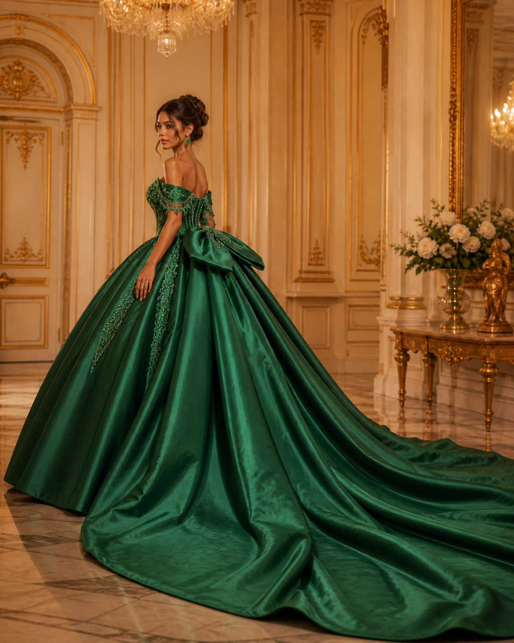 Emerald Green Luxury Quinceañera Ball Gown with Beaded Corset & Long Train