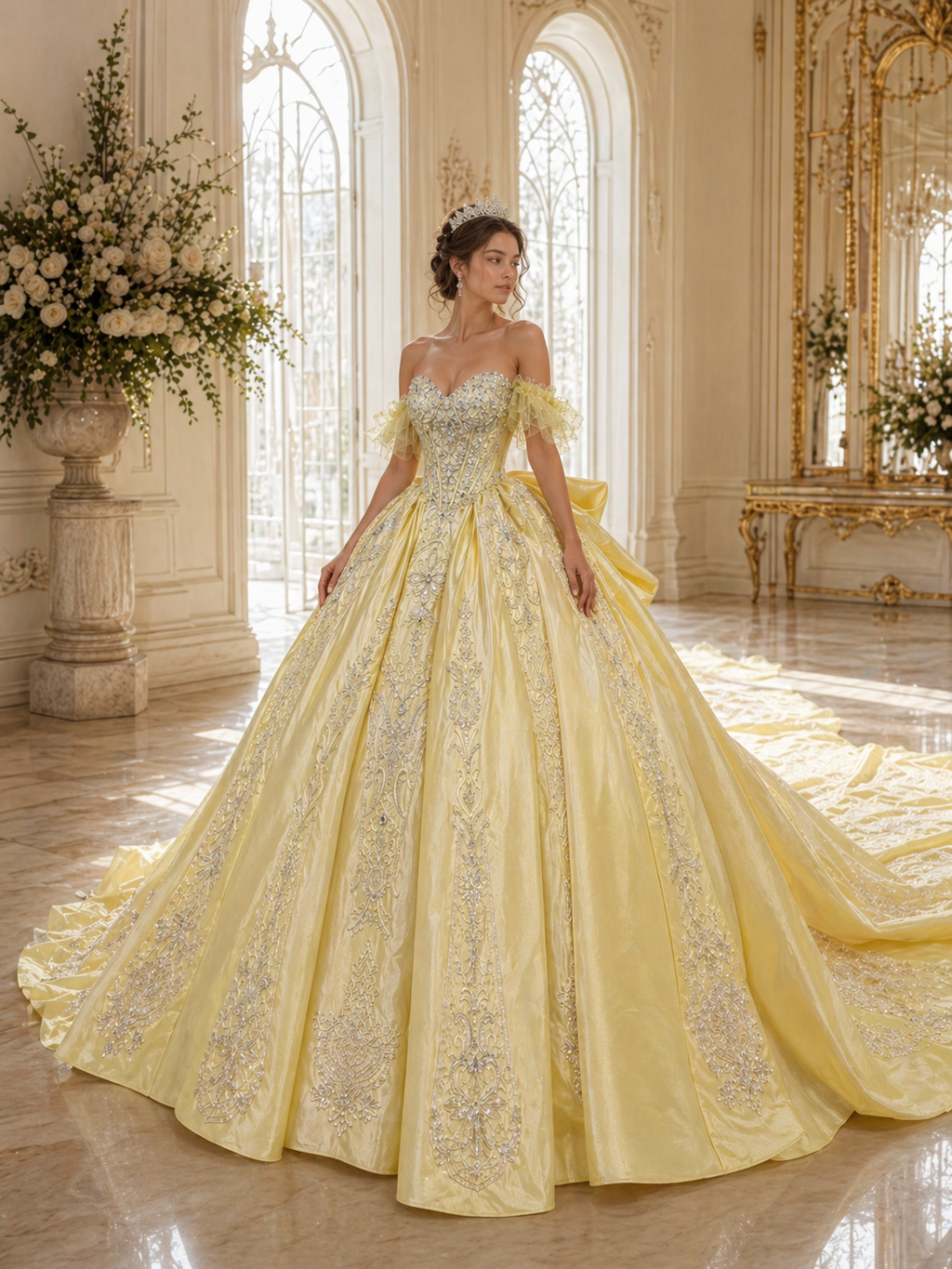 Soft Yellow Luxury Quinceañera Ball Gown with Crystal Beading & Long Train