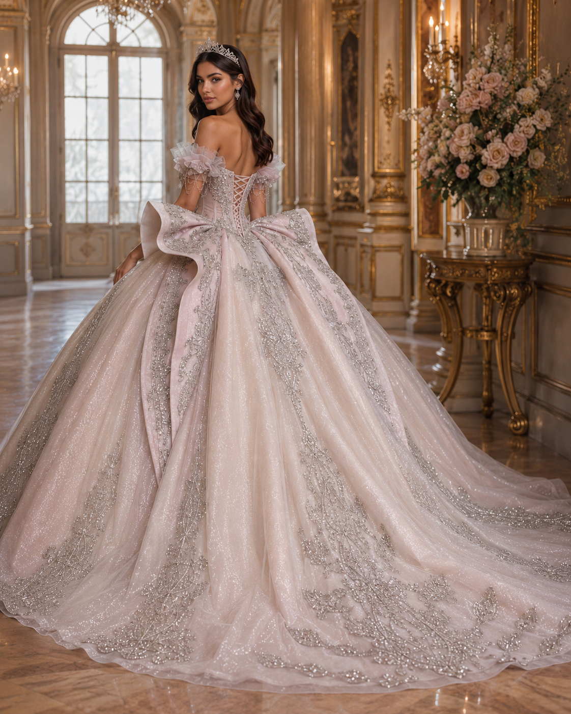 Blush Pink Luxury Quinceañera Ball Gown with Silver Embroidery & Bow Train
