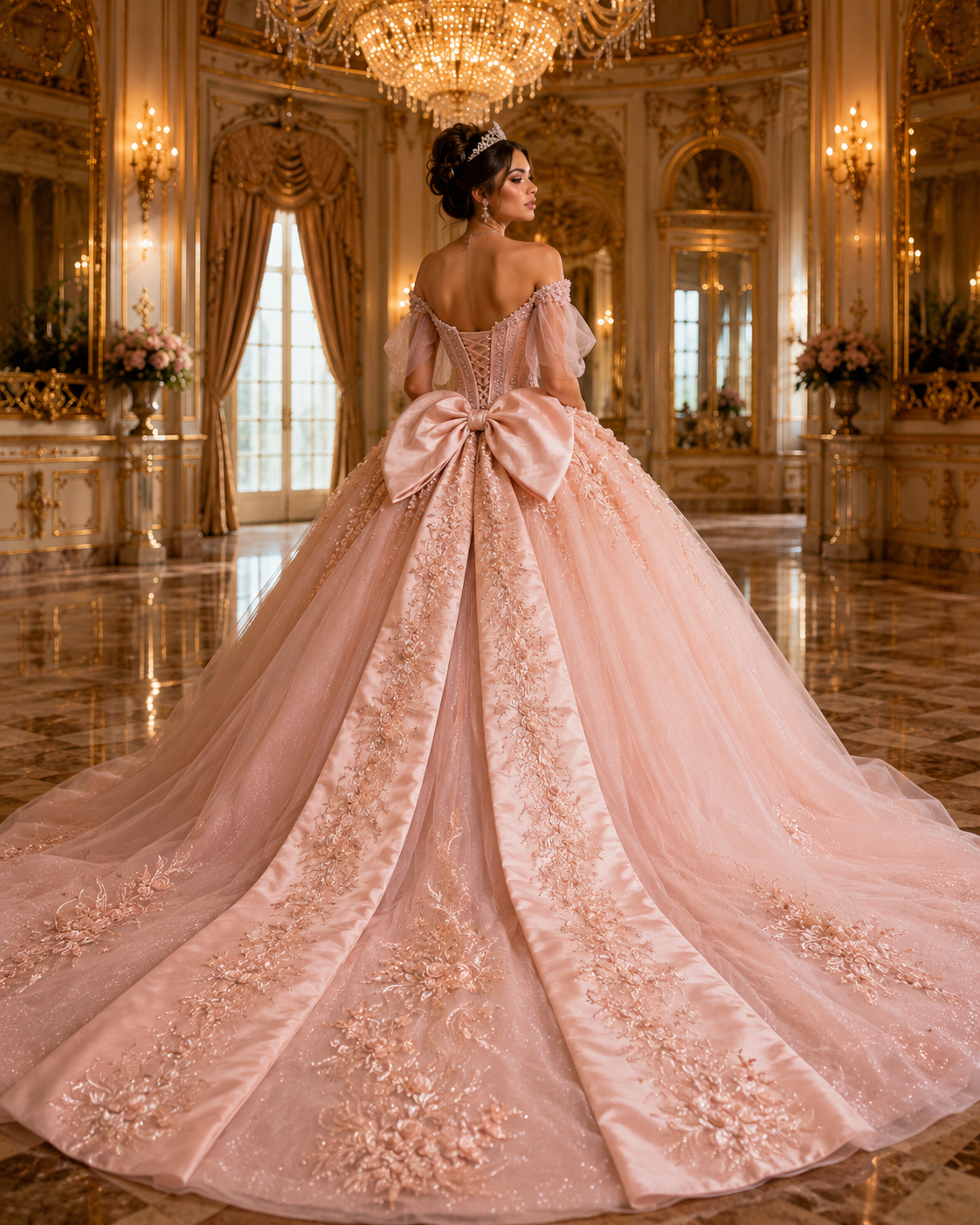 Blush Pink Luxury Quinceañera Ball Gown with Beaded Corset & Bow Train
