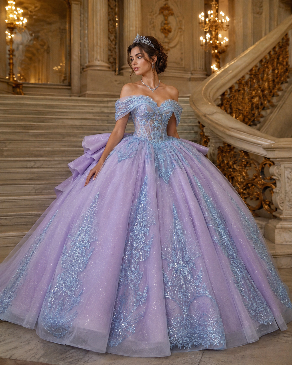 Lavender Blue Luxury Quinceañera Ball Gown with Beaded Corset & Bow Train