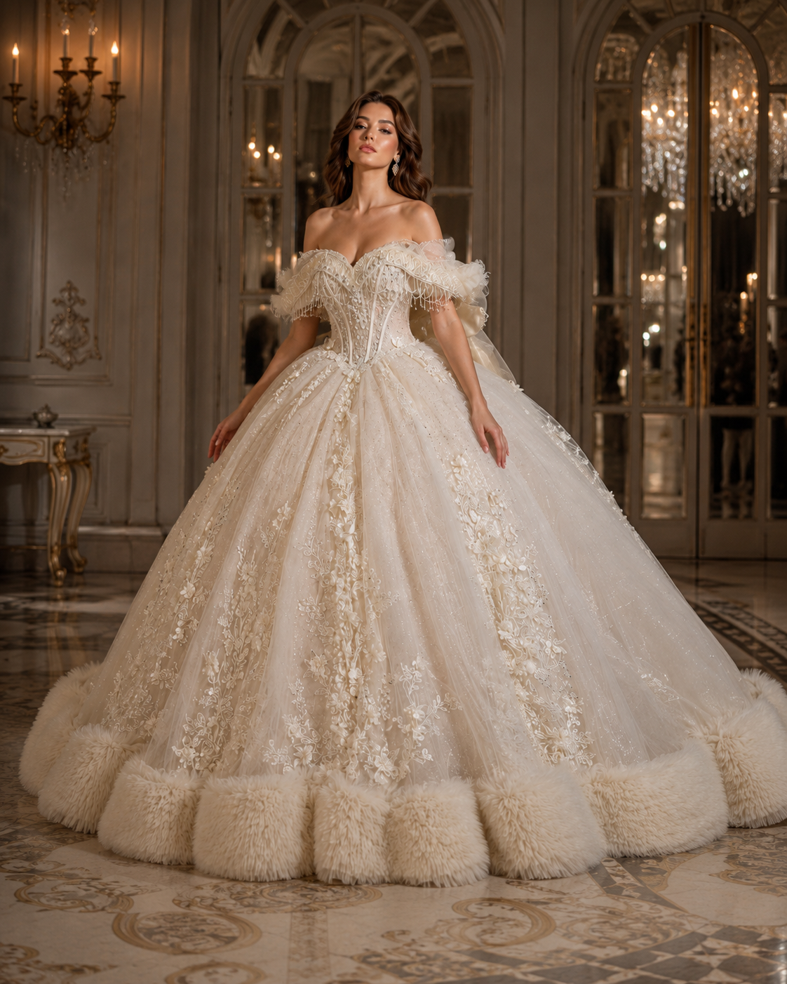 Ivory Champagne Quinceañera Ball Gown with Beaded Corset & Feather Hem