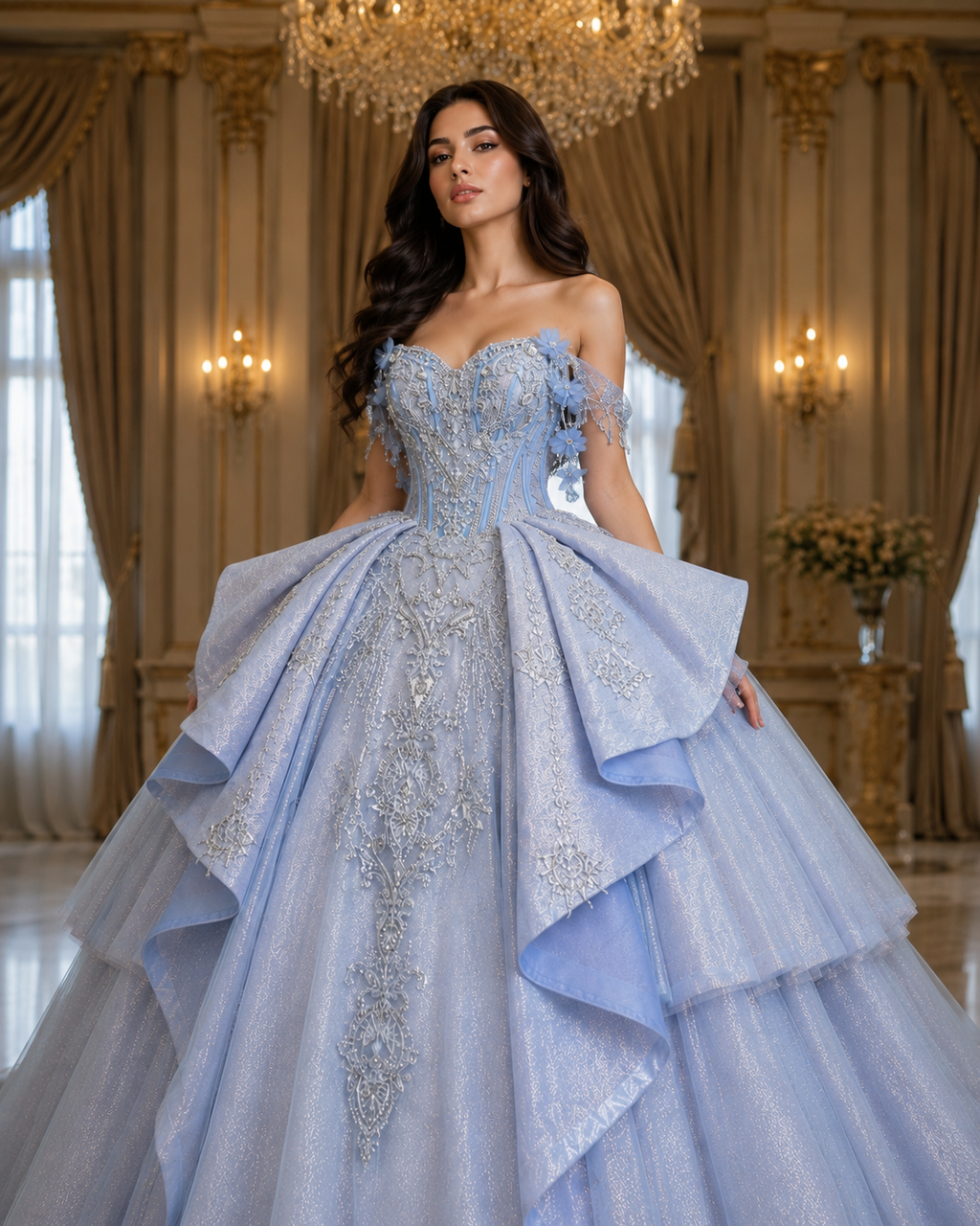 Ice Blue Luxury Quinceañera Ball Gown with Beaded Corset & Dramatic Layered Skirt