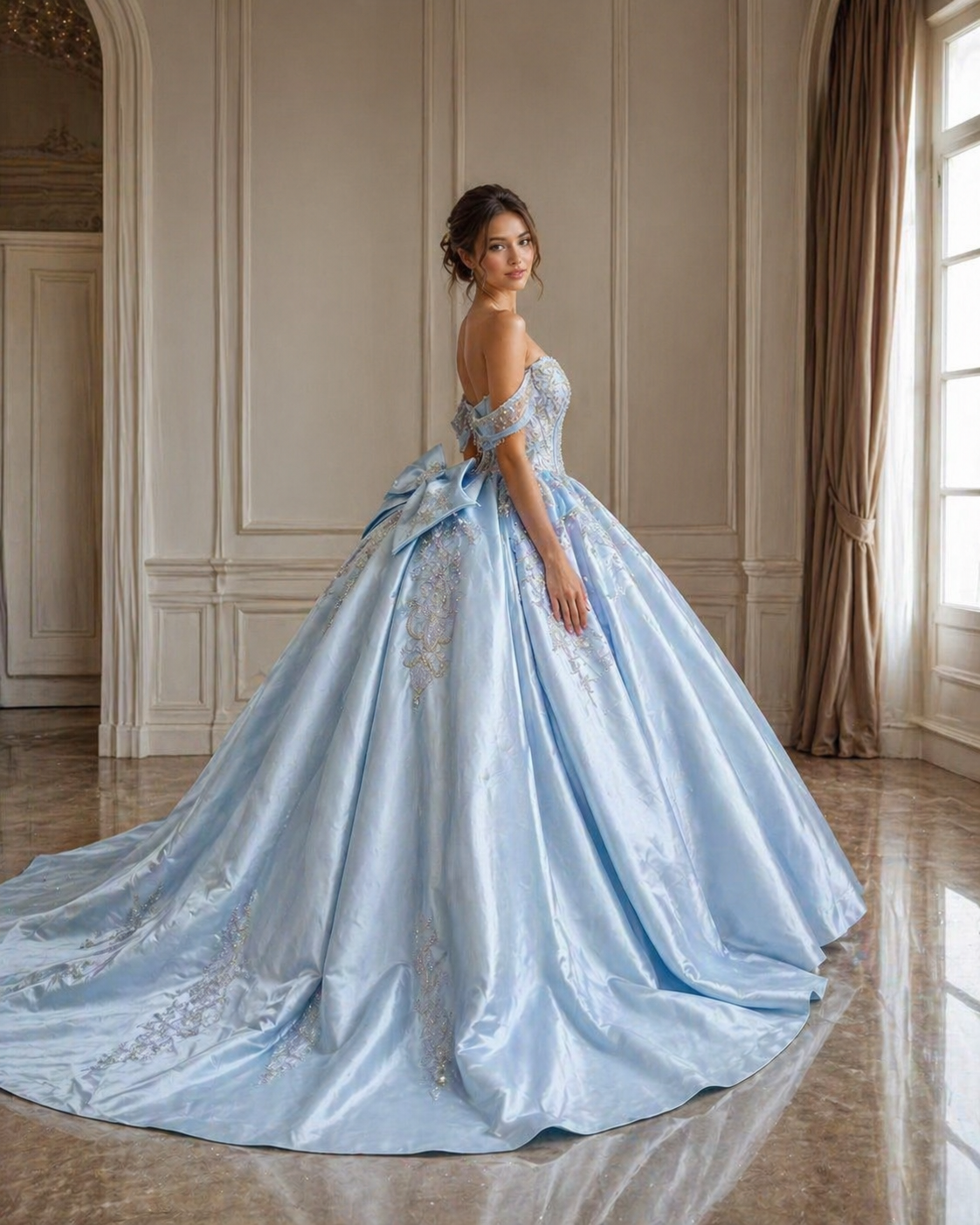 Light Blue Luxury Quinceañera Ball Gown with Beaded Corset & Long Train