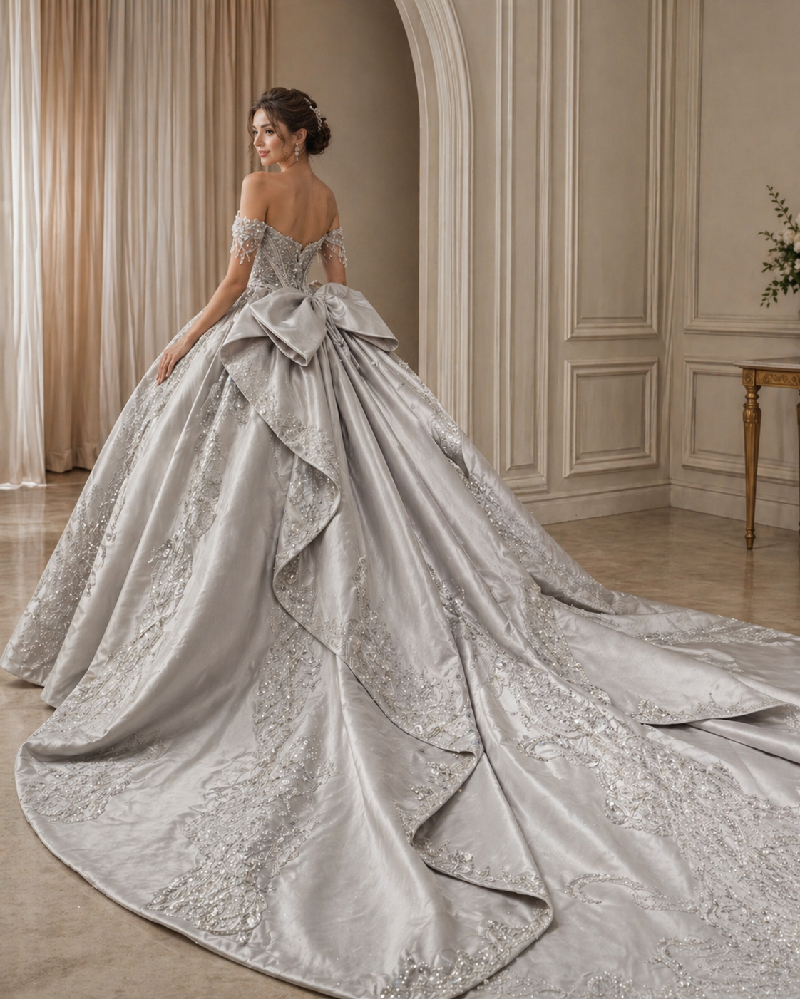 Silver Luxury Quinceañera Ball Gown with Beaded Corset & Long Train