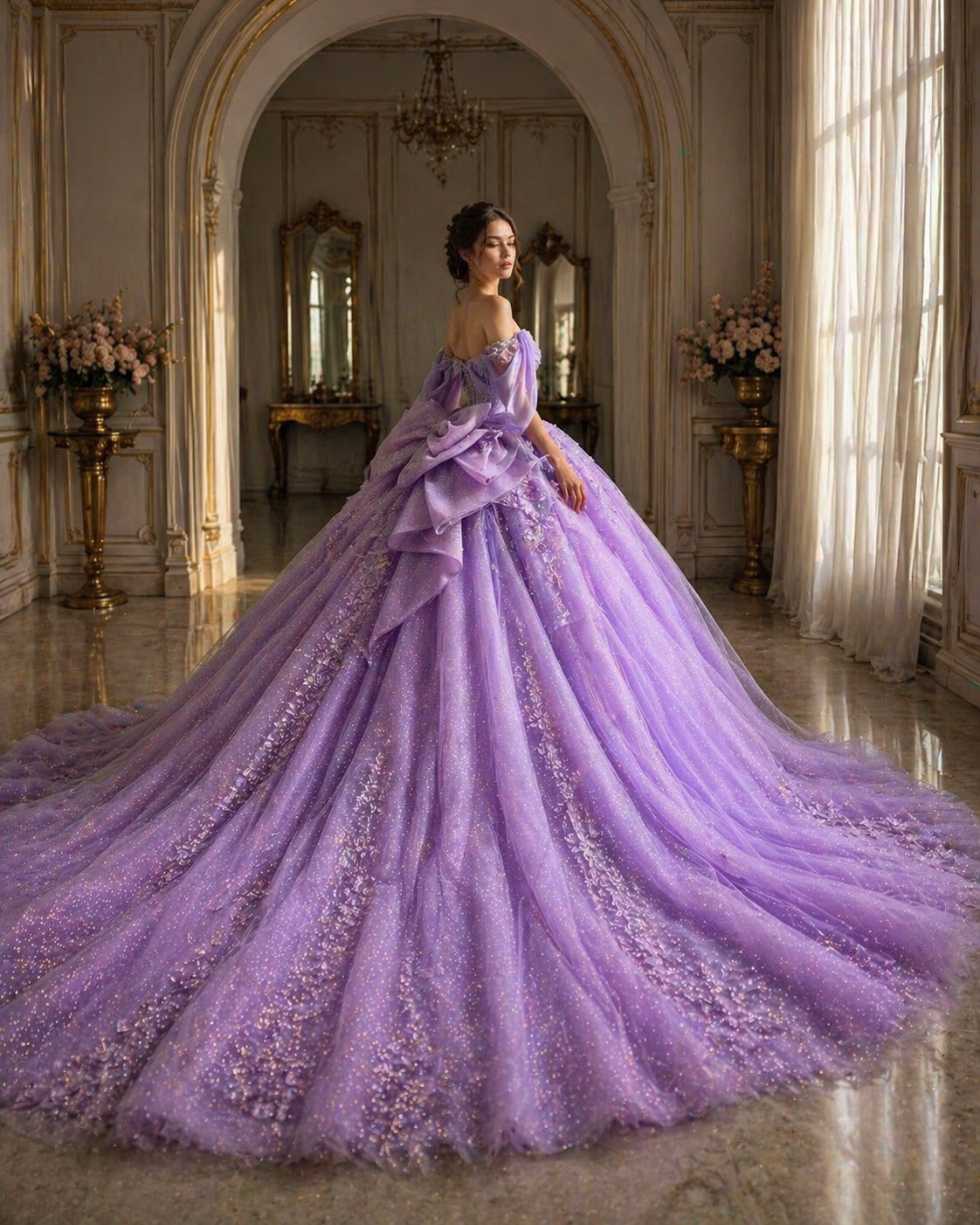 Lavender Luxury Quinceañera Ball Gown with Floral Appliqué & Long Train