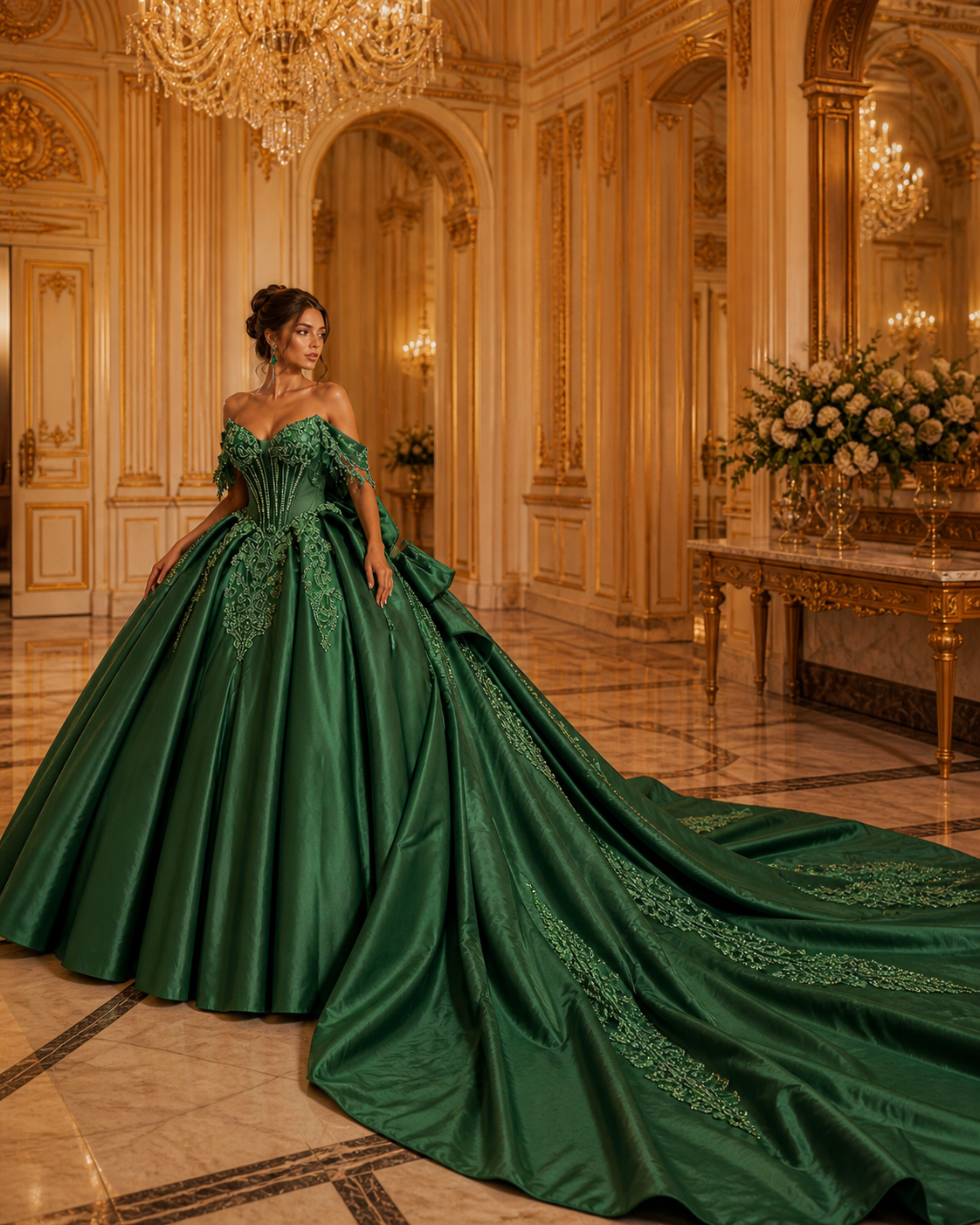 Emerald Green Luxury Quinceañera Ball Gown with Beaded Corset & Long Train