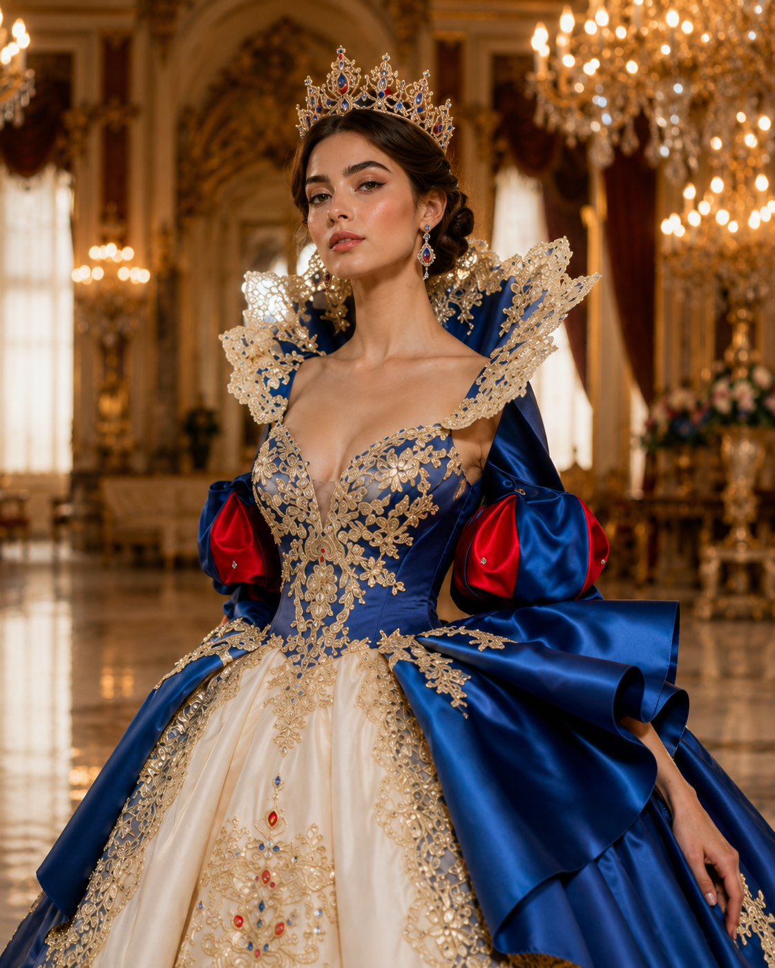 Royal Blue and Red Queen Quinceañera Ball Gown with Gold Lace Cape & Bow Back