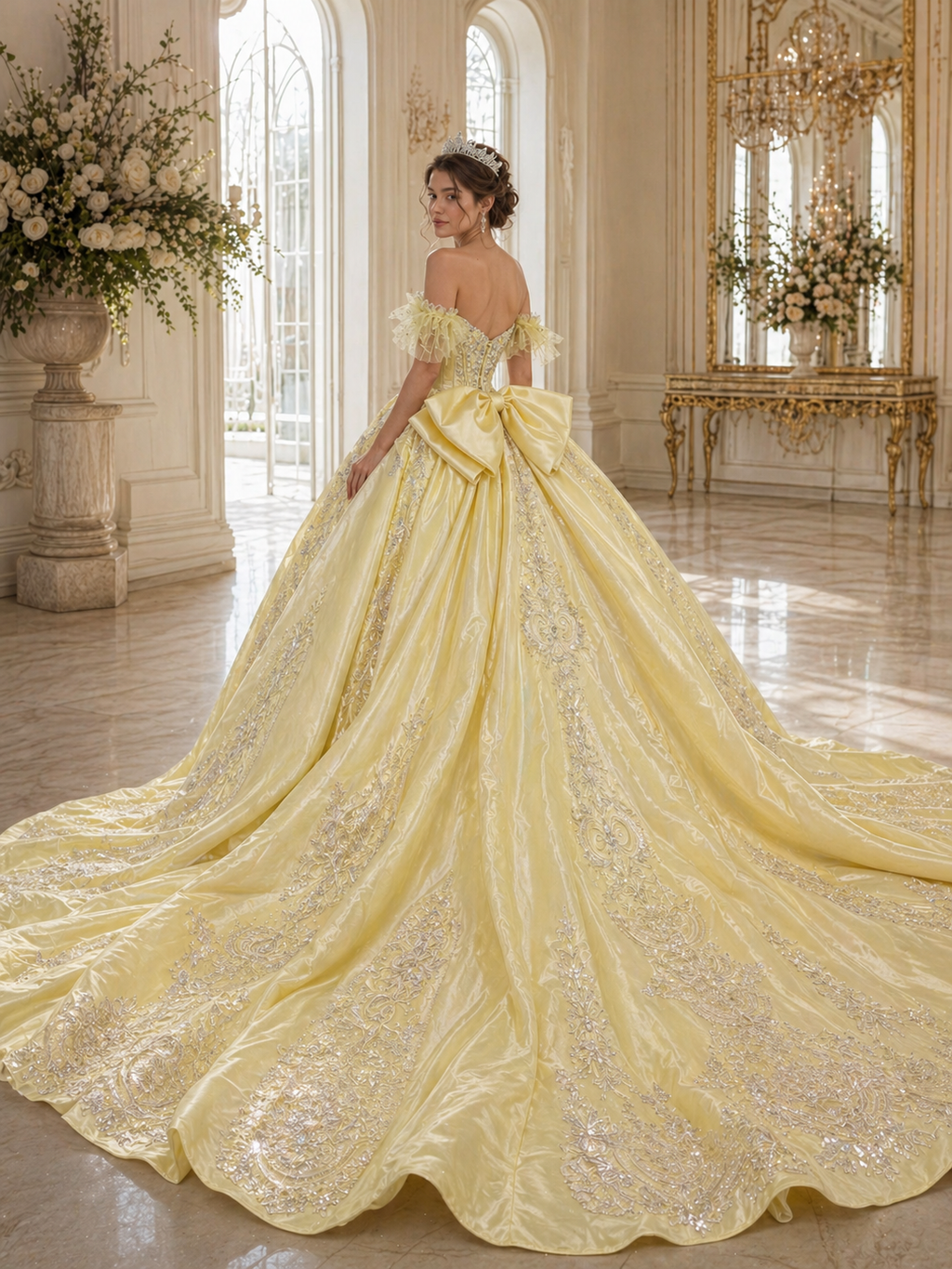 Soft Yellow Luxury Quinceañera Ball Gown with Crystal Beading & Long Train