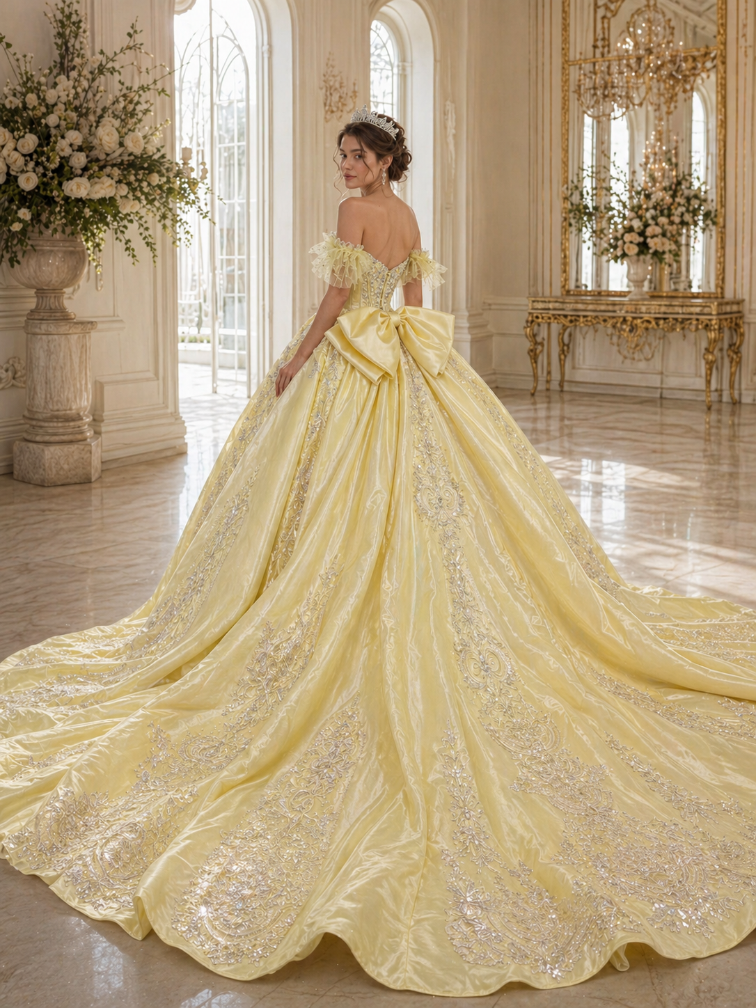 Soft Yellow Luxury Quinceañera Ball Gown with Crystal Beading & Long Train