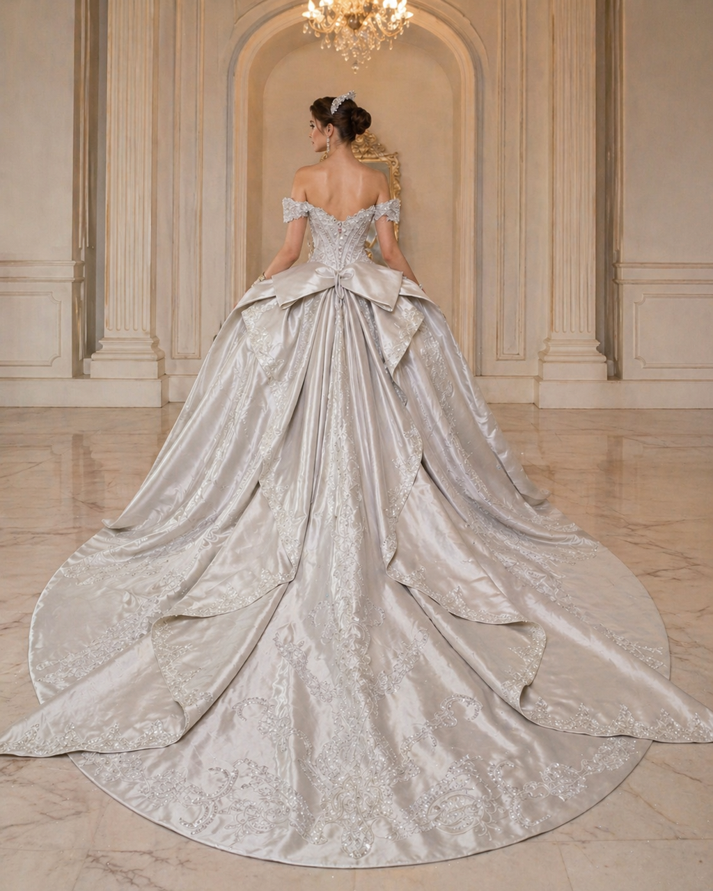 Silver Luxury Quinceañera Ball Gown with Beaded Corset & Long Train