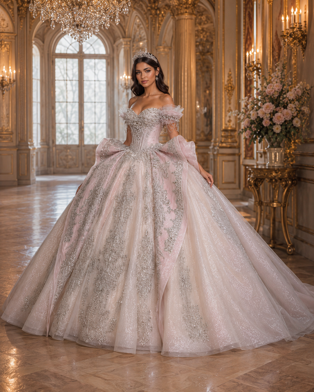 Blush Pink Luxury Quinceañera Ball Gown with Silver Embroidery & Bow Train