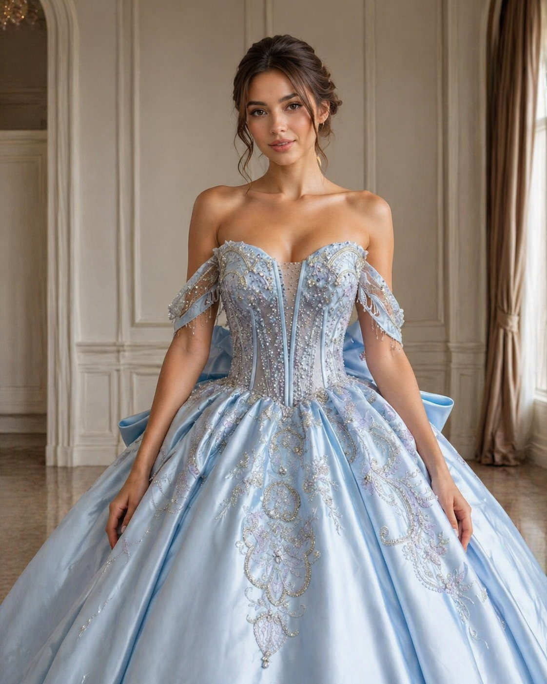Light Blue Luxury Quinceañera Ball Gown with Beaded Corset & Long Train