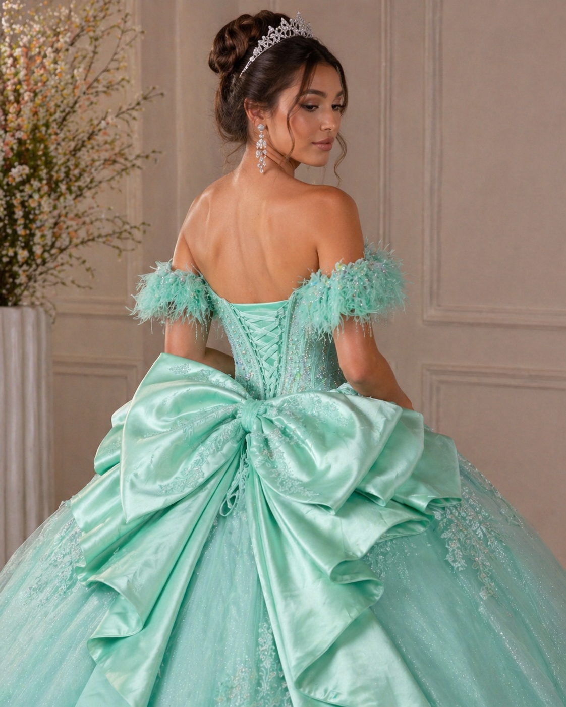 Mint Green Luxury Quinceañera Ball Gown with Beaded Corset & Ruffle Train