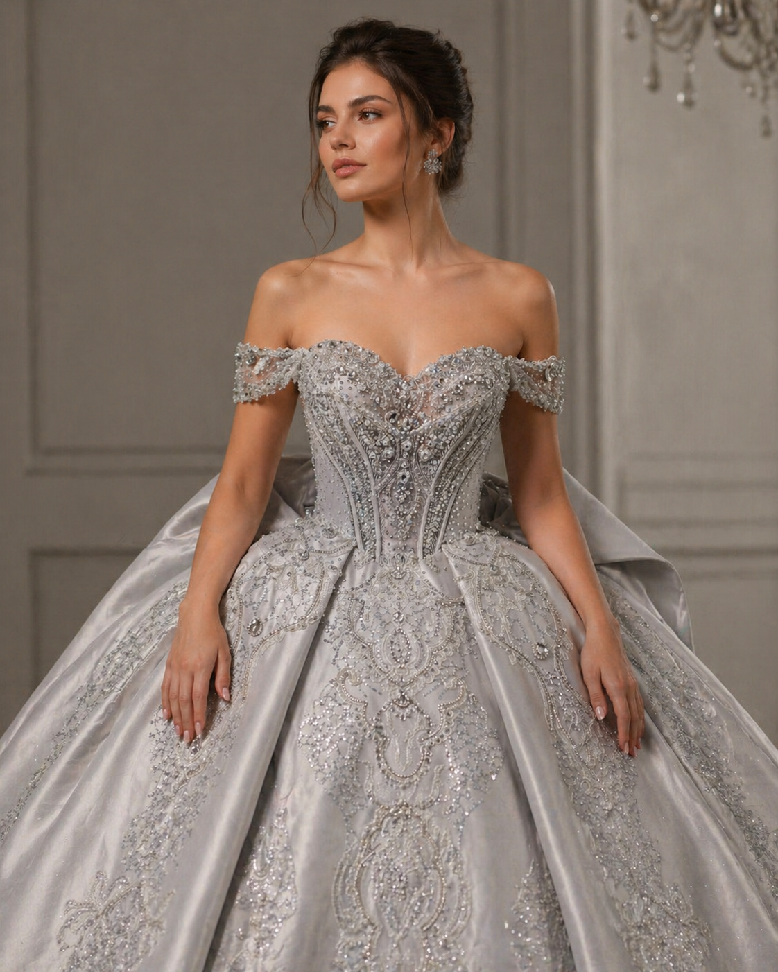 Silver Luxury Quinceañera Ball Gown with Beaded Corset & Long Train