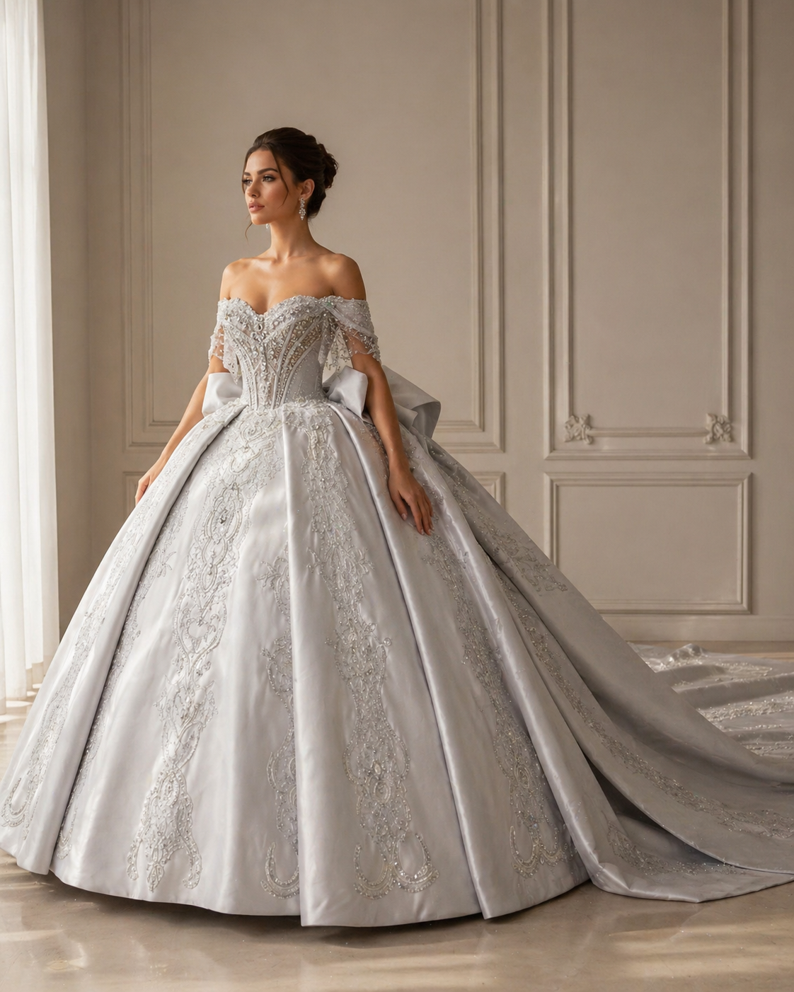 Silver Luxury Quinceañera Ball Gown with Beaded Corset & Long Train