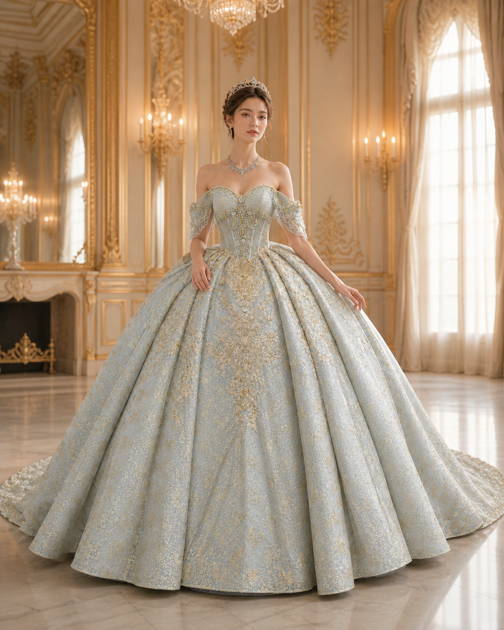 Dusty Blue Luxury Quinceañera Ball Gown with Gold Embroidery & Dramatic Bow Train