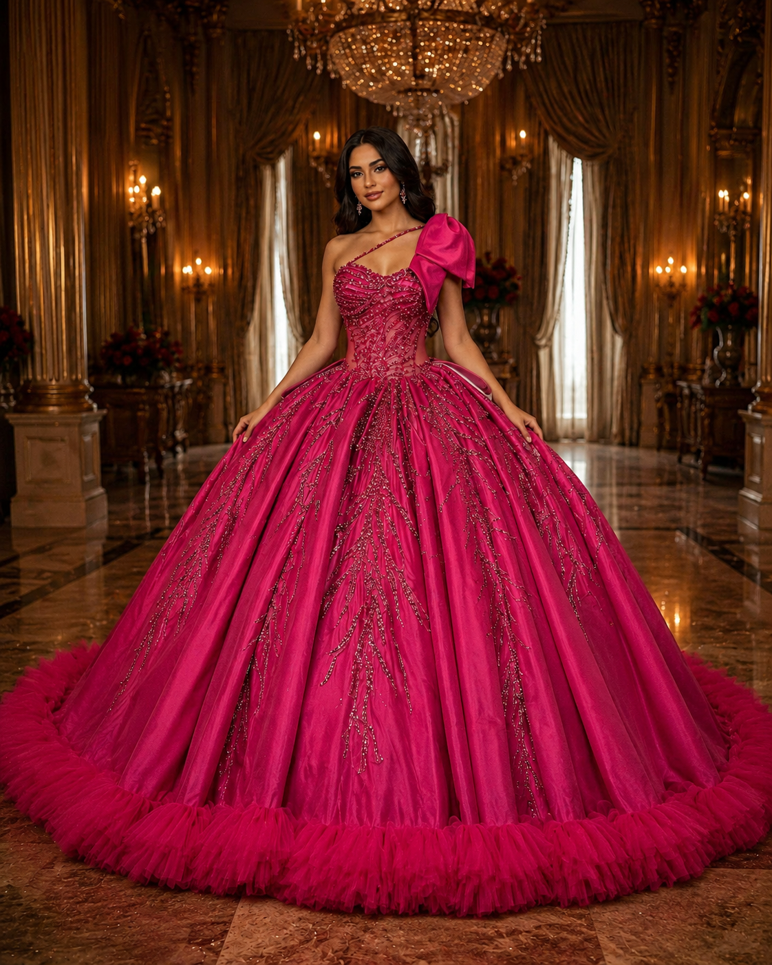Fuchsia Quinceañera Ball Gown with Beaded Corset, One-Shoulder Bow & Ruffle Train