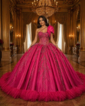 Fuchsia Quinceañera Ball Gown with Beaded Corset, One-Shoulder Bow & Ruffle Train