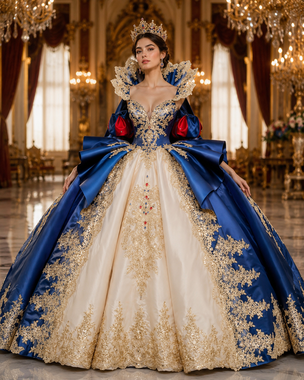 Royal Blue and Red Queen Quinceañera Ball Gown with Gold Lace Cape & Bow Back