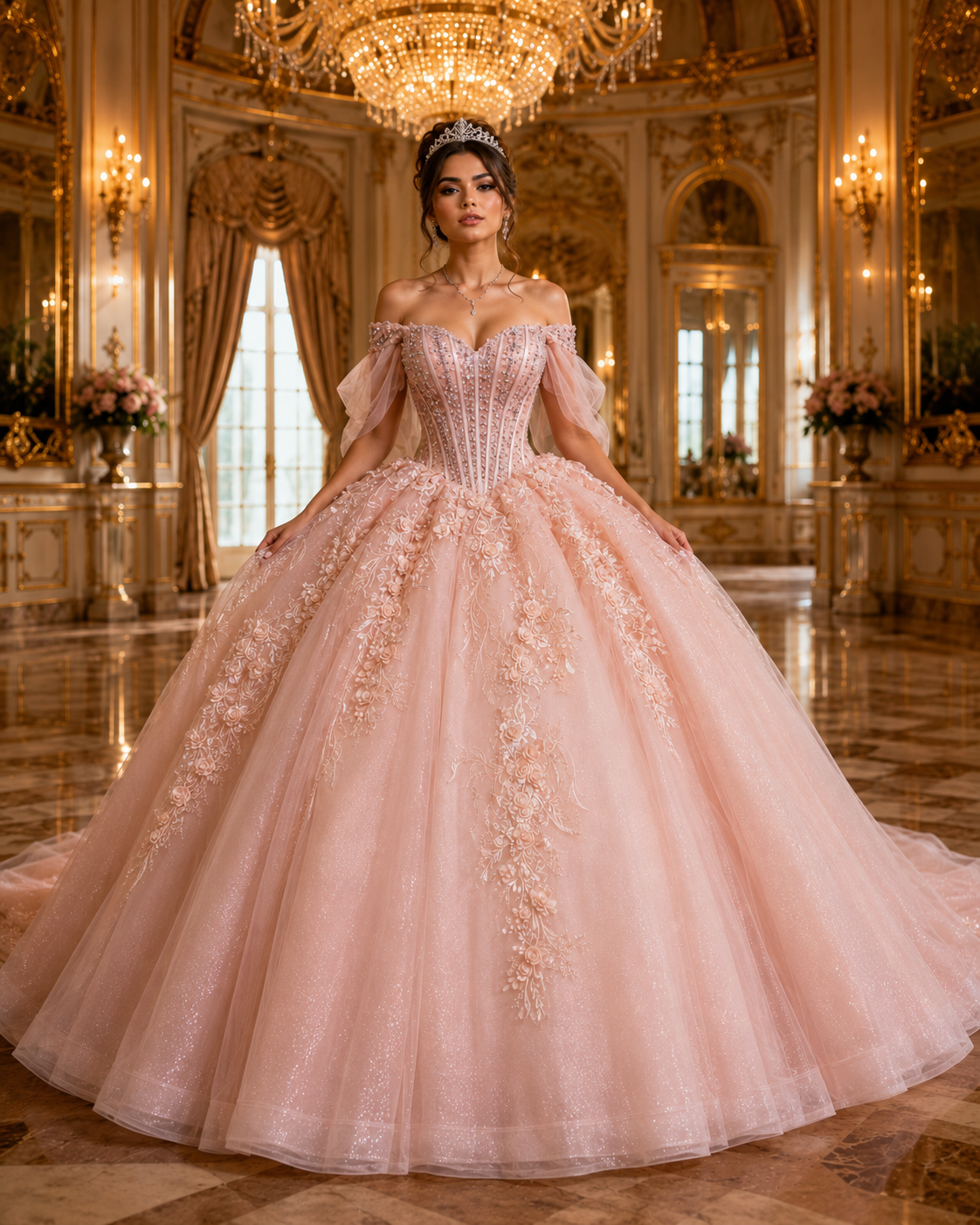 Blush Pink Luxury Quinceañera Ball Gown with Beaded Corset & Bow Train