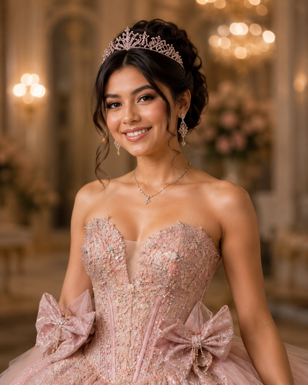 Blush Pink Luxury Quinceañera Ball Gown with Floral Beading & Ombre Ruffle Train