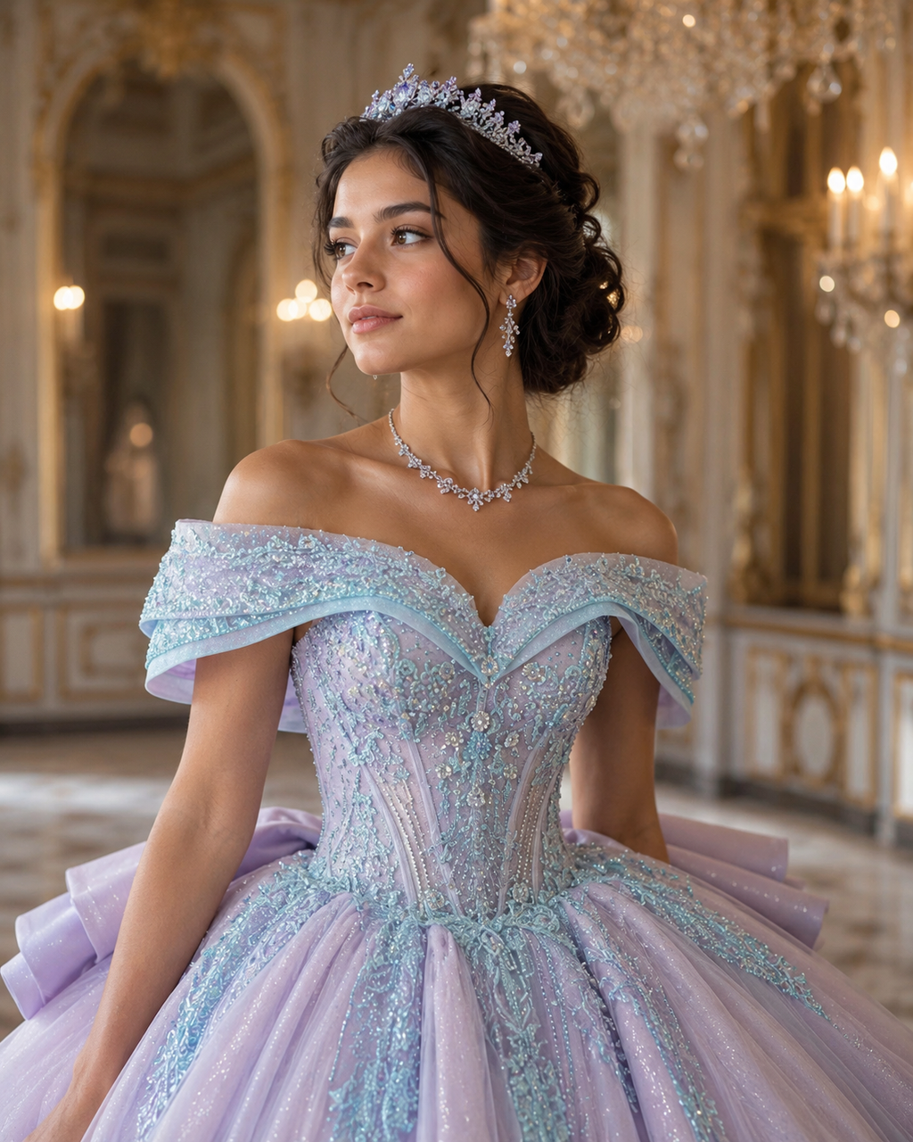 Lavender Blue Luxury Quinceañera Ball Gown with Beaded Corset & Bow Train