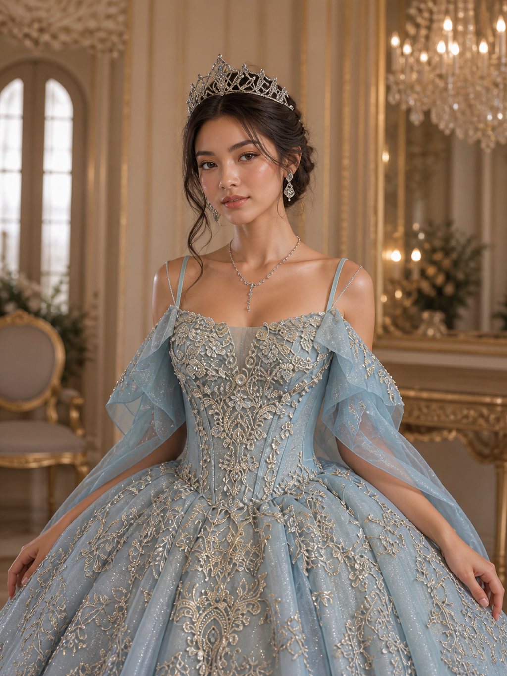 Dusty Blue Luxury Quinceañera Ball Gown with Gold Embroidery & Dramatic Bow Train