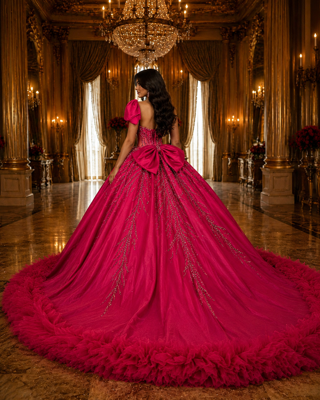 Fuchsia Quinceañera Ball Gown with Beaded Corset, One-Shoulder Bow & Ruffle Train