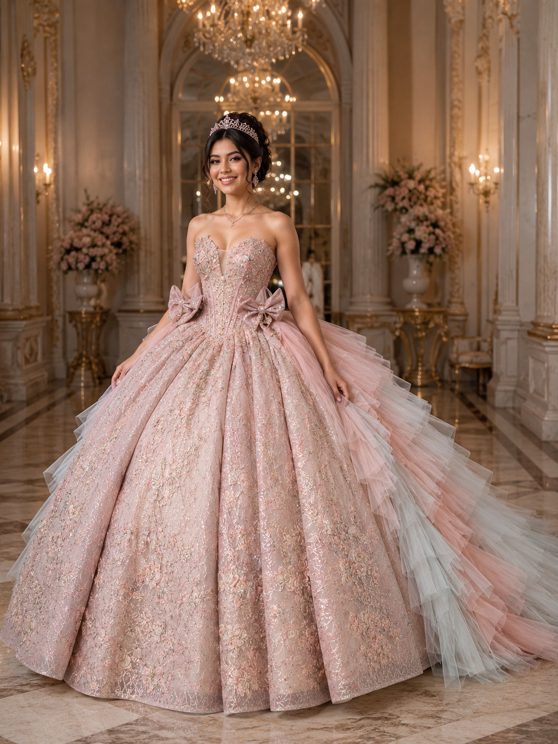 Blush Pink Luxury Quinceañera Ball Gown with Floral Beading & Ombre Ruffle Train