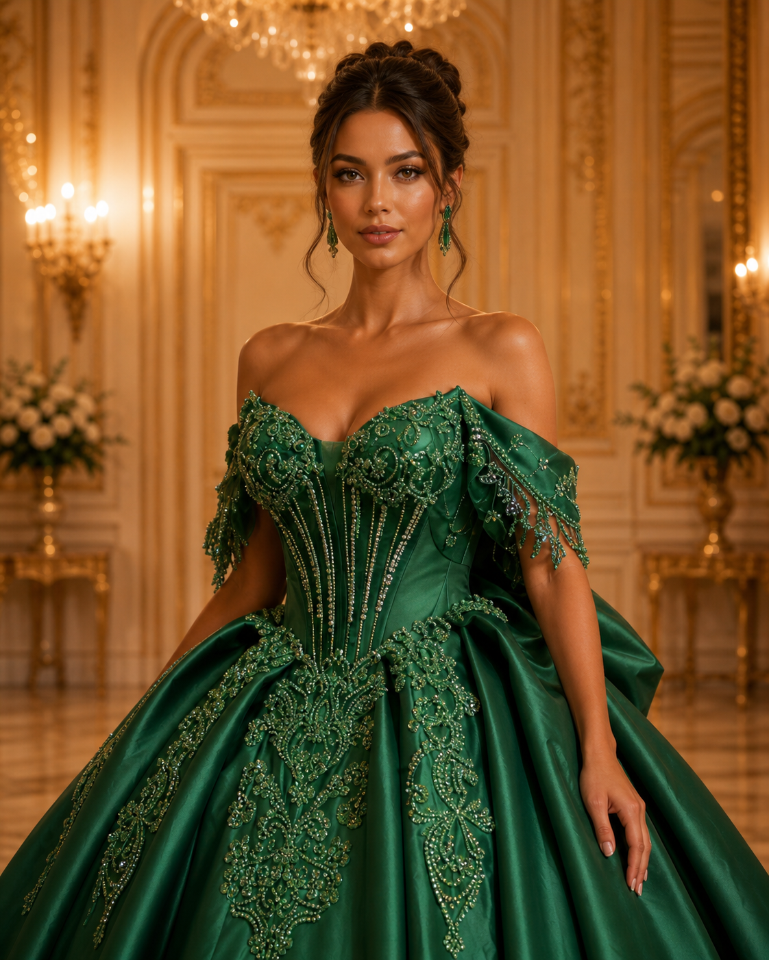 Emerald Green Luxury Quinceañera Ball Gown with Beaded Corset & Long Train